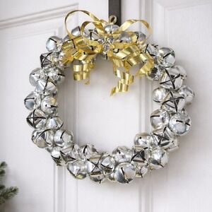 Vintage Silver Jingle Bell Wreath Gold Bow Holiday Door Decor